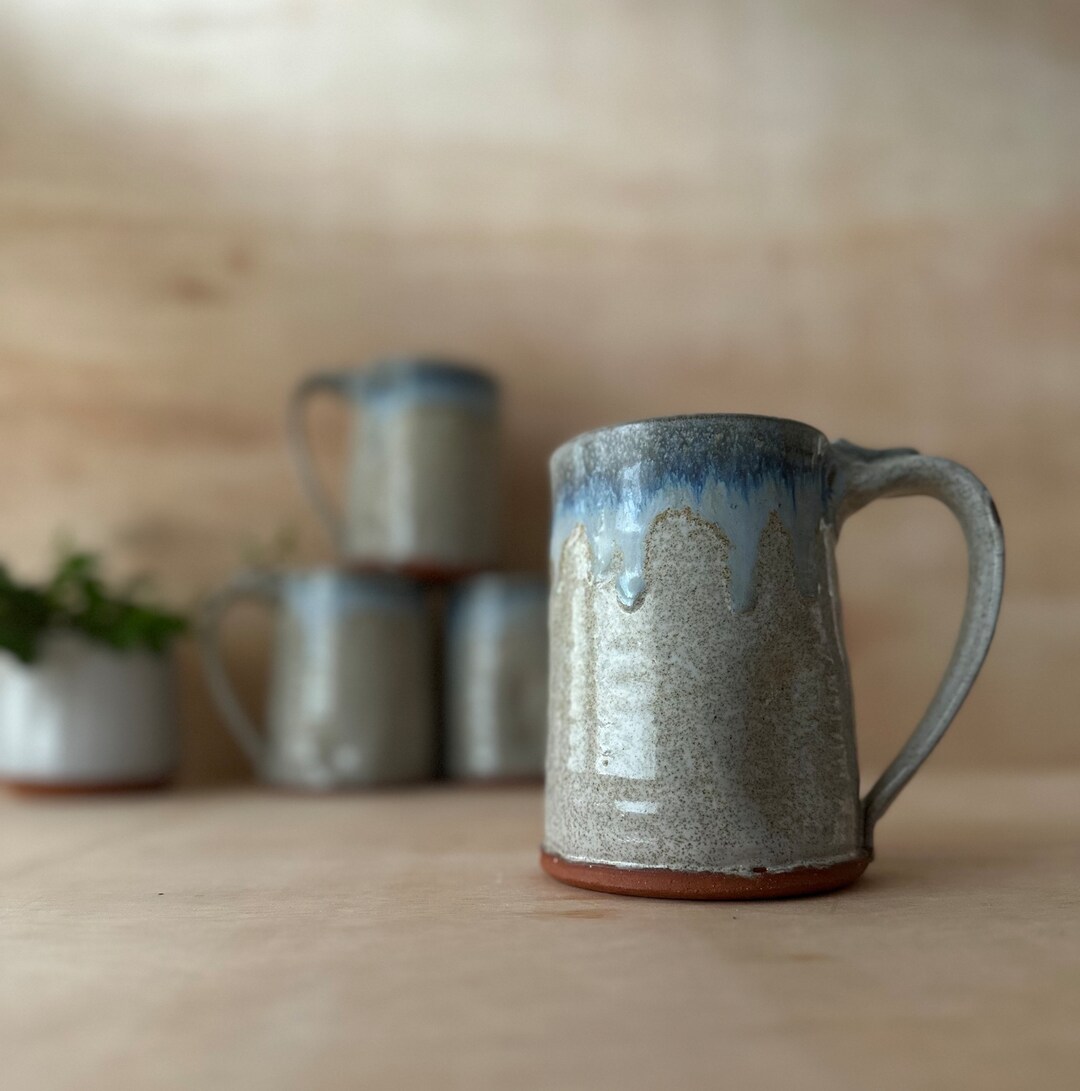 Handmade Ceramic Large Mug, Speckle Glaze, Blue Drips, Perfect Coffee