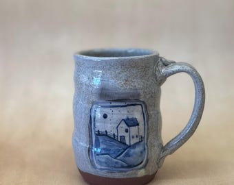 Unique Handmade Ceramic Mug | 12 oz, blue and white, simplistic design