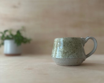 Handmade ceramic 12oz mug, white speckle glaze, green accents, simple and beautiful handmade mug