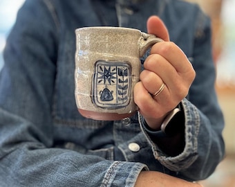 Unique Handmade Ceramic Mug | 12 oz, blue and white, simplistic design