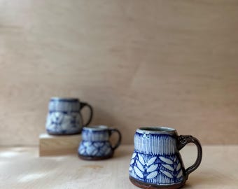 Unique Handmade Ceramic Mug | 16oz, blue and white, simplistic design