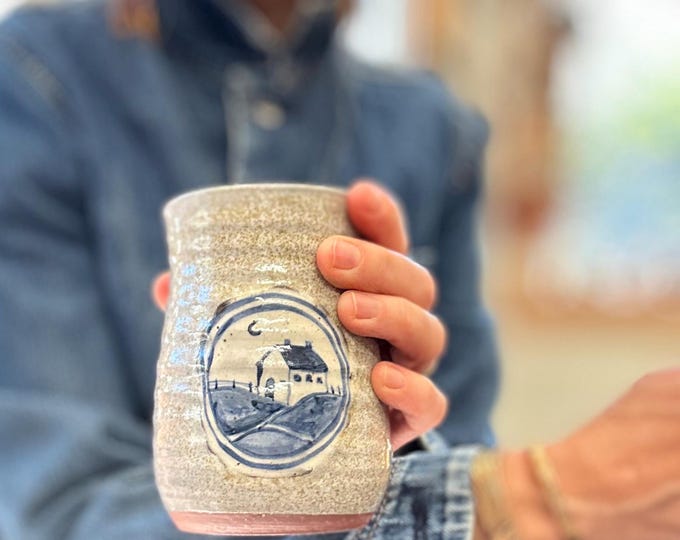 Unique Handmade Ceramic tumbler| 16oz, blue and white, simplistic design