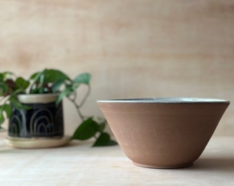 Handmade ceramic mixing bowl, salad bowl, raw clay exterior with white speckle glaze interior