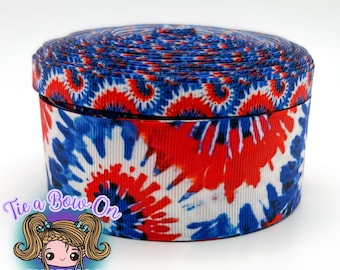 Tie Dye Red, White and Blue Swirl | 3/8" or 1.5" USDR Single-Sided Grosgrain Ribbon | Summer Themed Ribbon | Ribbon for Hairbows and Crafts