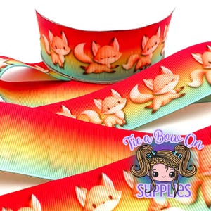 Foxy Ribbon | 1.5&quot; USDR Double-Sided Grosgrain Ribbon | Cute Fox on Ombre Red Orange Yellow Aqua | Ribbon For Hairbows or Crafts