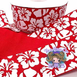 3/8 "oder 1,5" Glitzer und Tinte Hibiskusblüten auf rotem einseitigem USDR-Ripsband für Haarschleifen und Kunsthandwerk Sie wählen die Größe