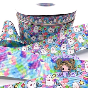 Candy Ghost Ribbon | 3/8" or 1.5" USDR Double-Sided Grosgrain Ribbon | Cute Ghost with Candy on Watercolor Background