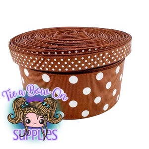 White Dots on Brown Ribbon | 3/8&quot; or 1.5&quot; USDR Ink Single-Sided Grosgrain Ribbon | Polka Dpt Ribbon | You Choose Size