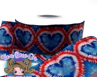 Heart Tie Dye Ribbon | 1.5" USDR Double-Sided Grosgrain Ribbon | Red, White & Blue or Teal. White and Purple You choose |