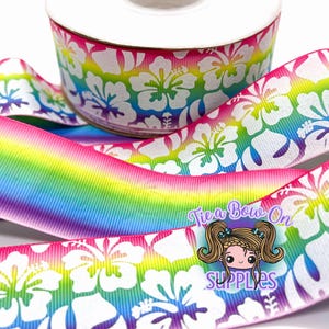 3/8 "oder 1,5" Glitzer und Tinte Hibiskusblüten auf Pastell Ombre Einseitiges USDR Ripsband für Haarschleifen und Kunsthandwerk Sie wählen die Größe