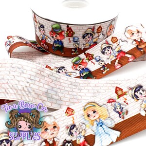 May include: A brown and white ribbon with a printed design of characters from the classic children's story Pinocchio. The ribbon features a brick wall background and includes characters like Pinocchio, Geppetto, and Jiminy Cricket. The ribbon is perfect for crafting and adding a whimsical touch to projects.
