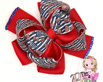Red, White, Blue Ribbon Themed Hair Bow | Independance Day | 4TH Of July | Holiday | Big Bow | Ribbon Bows | Girl's Accessories |