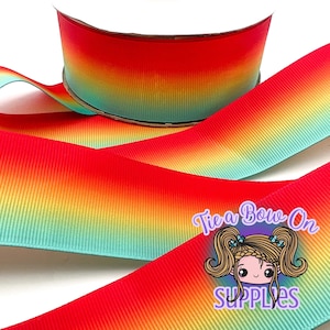 Coral, Gold, & Aqua Ombre Ribbon | 3/8&quot; or 1.5&quot; USDR Double-Sided Grosgrain Ribbon | Ribbon for Hairbows or Crafts