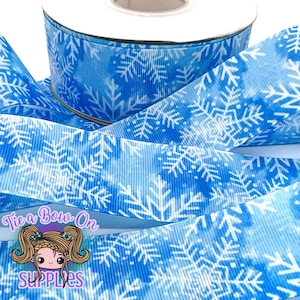 Snowflakes on Blue Ribbon | 3/8&quot; or 1.5&quot; USDR Double-Sided Grosgrain Ribbon | Ribbon for Hairbow or Crafts