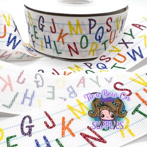 Ruban ABC | Ruban gros-grain USDR 1,5" encre et paillettes | Ruban sur le thème de l'école | Ruban pour noeuds à cheveux et travaux manuels | Rentrée scolaire