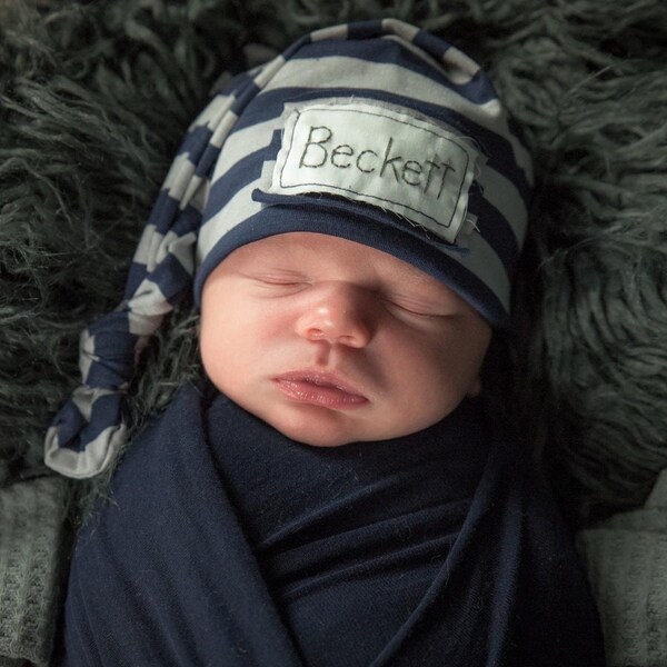 Navy hat, Newborn hat, macknbean, baby hat, hospital hat, preemie hat, baby name hat, personalized baby hat, personalized newborn hat, gray