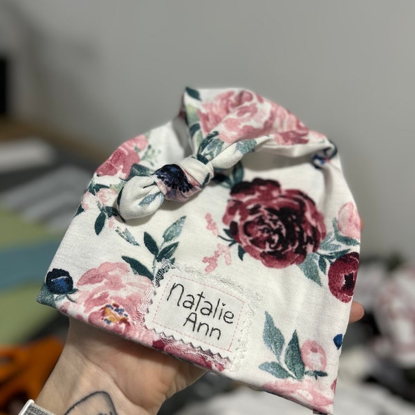 Floral baby hat, Personalized Newborn hat, baby name hat, hospital hat, newborn hat, macknbean , name hat, twin hats, baby hat