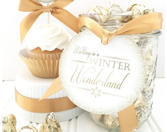 Winter Wonderland Circle Kit- Cupcake Topper, Favor Tag, Hershey Kiss Circle - Champagne Gold - Glitter - INSTANT DOWNLOAD