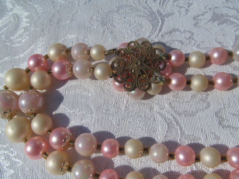 Vintage 2 row beads faux pearls pink and white hoker from the 60/'s 70/'s made in Japan