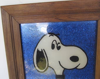Peanuts Snoopy - Picture - Vintage Snoopy - Wood Frame Picture - with blue backing // back ground