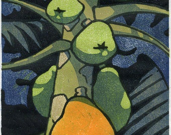 Papaya Tree - Giclée reproduction of original multi-color woodblock print, Japanese moku hanga style