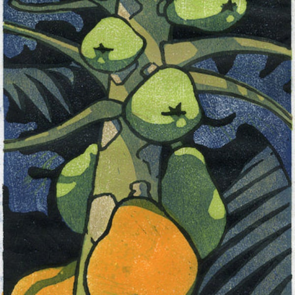 Papaya Tree - Giclée reproduction of original multi-color woodblock print, Japanese moku hanga style