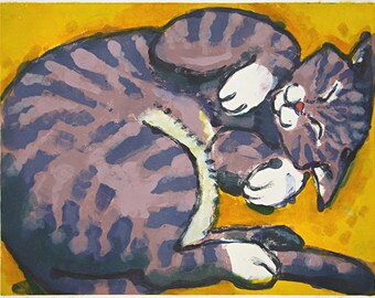 CAT-IN-A-BOX giclée repro. print of an original monoprint; matted (11x14")