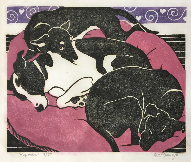 PUPSTERS Original handmade woodblock print 3 dogs cozy on a big pillow image 1