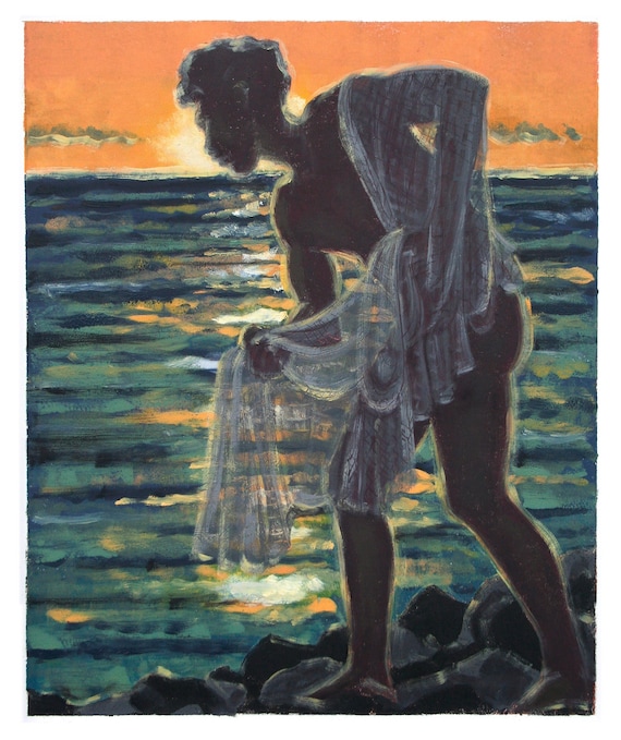 Traditional Fisherman of Old Hawaii Casting Net From the Shore. Giclee  Print of an Original Monotype by Eve Furchgott. 