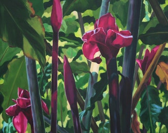 Exotic TORCH GINGER JUNGLE print of original oil painting by Hawaii artist Eve Furchgott.