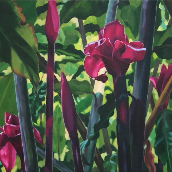 Exotic TORCH GINGER JUNGLE print of original oil painting by Hawaii artist Eve Furchgott.