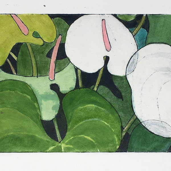 SHAPESHIFTERS – Original drypoint monoprint of Hawaiian anthurium flowers