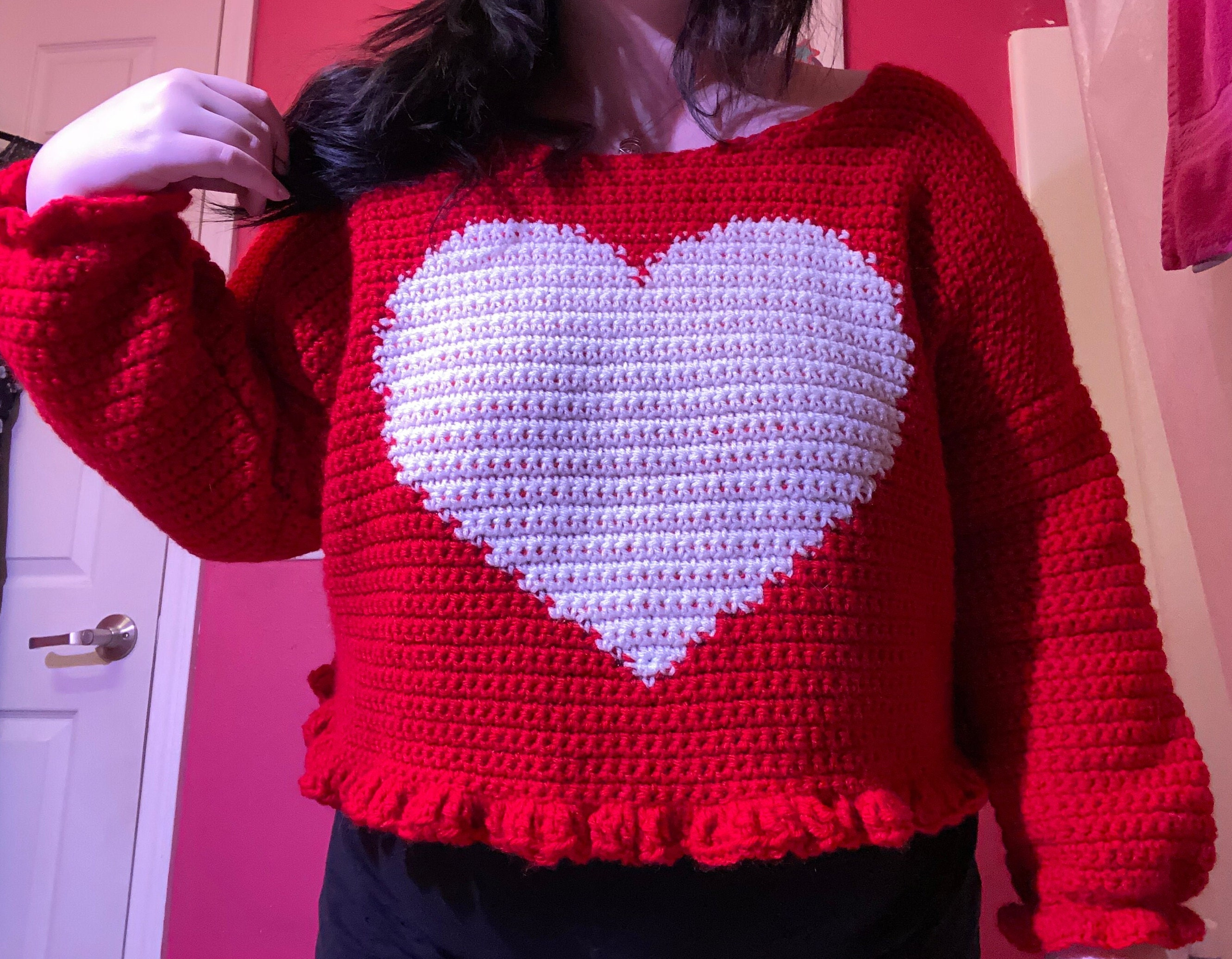 Embroidered Red Heart Turtleneck Crop Sweater in White