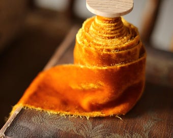 Hand Dyed Mustard Silk Velvet Ribbon, Rustic Wedding Bouquet Ribbon, Luxury Velvet Ribbon for Wedding Styling and Decor