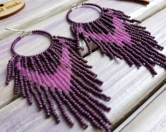 Beaded hoop earrings Beaded earrings tassel Lilac boho earrings Fringe earrings Gift earrings Seed bead hoops Beaded hoop earrings