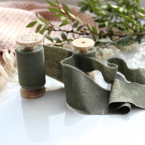 Dispatches from USA / DARK SAGE green hand dyed cotton ribbons for wedding bouquets or invitations / Made in Ukraine