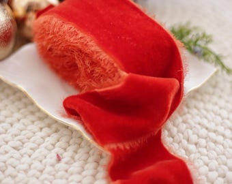 Cinta de terciopelo de seda roja, cinta teñida a mano con borde deshilachado para ramos, decoración de bodas y envoltura de regalos.
