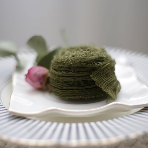 Hand-Dyed Olive Silk Ribbon: Crinkle Frayed Edge, 3 Yards