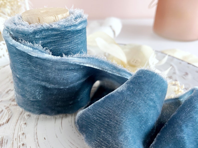 DUSTY BLUE Ribbon Silk Velvet Ribbon Bridal Bouquet Hand Dyed Ribbon Rustic Style Wedding Photography Bouquet Accessories Decorative Ribbon