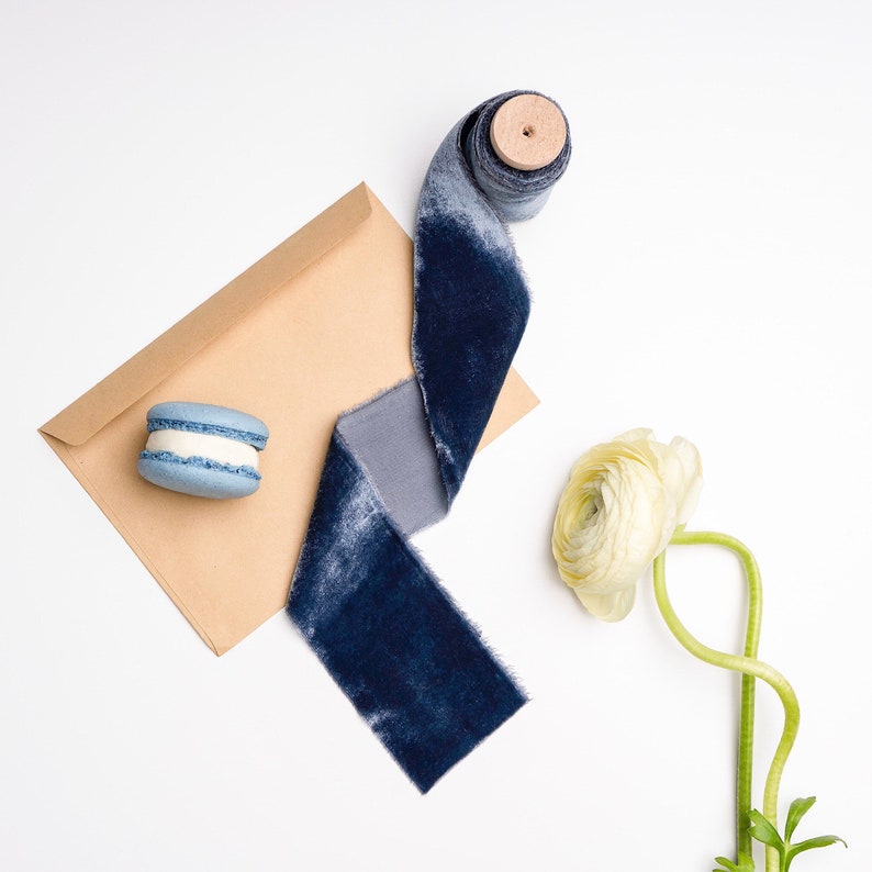 Dusty blue silk velvet ribbon Bridal bouquet hand dyed ribbon Etsy