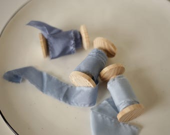 Dusty Blue Silk Ribbon, Hand Dyed Embroidery Wedding Bouquet Ribbon