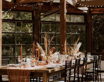 Mantel de gasa doble color naranja quemado, camino de mesa de gasa color cobre, decoración de boda de muselina de algodón teñida a mano, estilo bohemio para mesas de recepción.