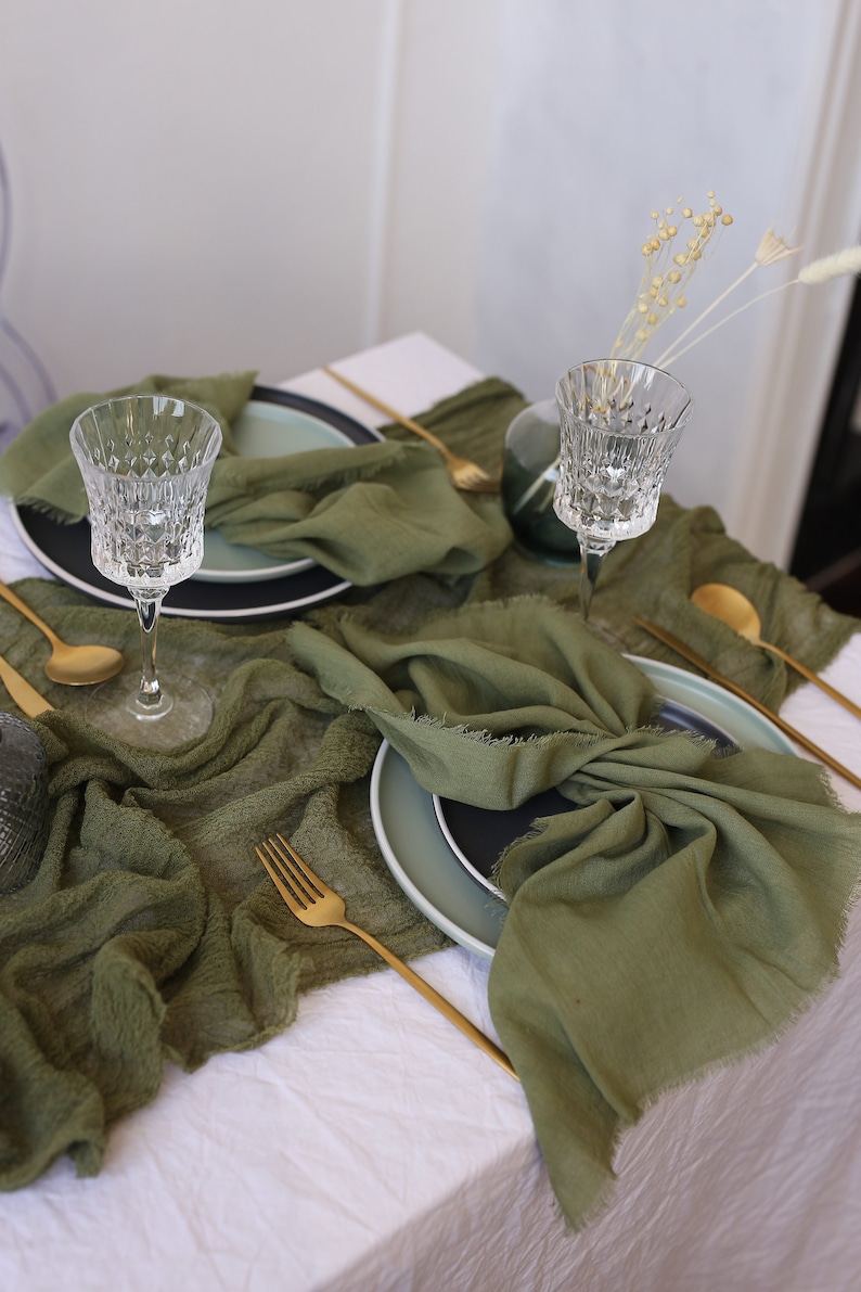 Cheesecloth table runner / Romantic wedding decorations / Olive table runner / Wedding cake table decor / Altar cloth / Cloth napkins image 8