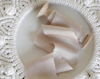 Linen Color Silk Ribbon, Handmade Soft Beige Ribbon with Raw Edges, Thin Flying Ribbon on Wooden Spool, Frayed Edge Ribbon Invitations Decor