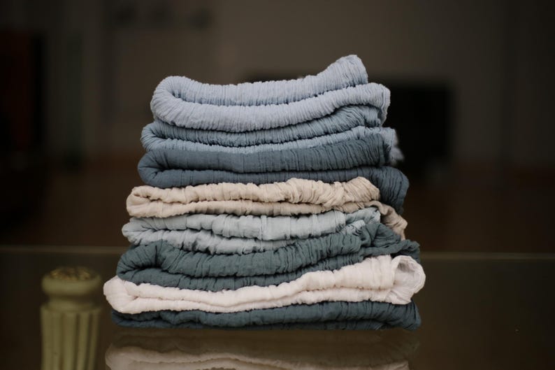 Handmade Cheesecloth Table Runner, Dusty Blue Double Gauze Table Cover, Light and Dark Dusty Blue Color Double Gauze Fabric image 11