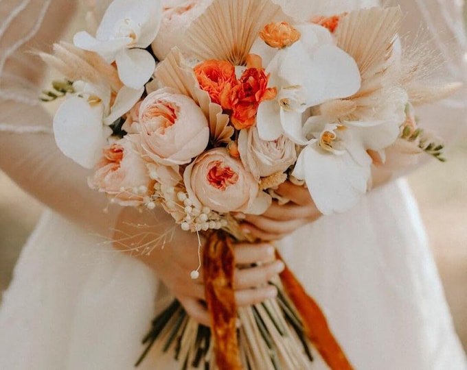 Bouquet Ribbon, Burnt Orange Silk Velvet Ribbon, Hand Dyed Wedding Bouquet Ribbon on Wooden Spool, Luxury Floral Styling & Rustic Fall Decor