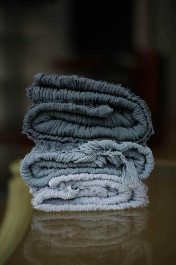 Handmade Cheesecloth Table Runner, Dusty Blue Double Gauze Table Cover, Light and Dark Dusty Blue Color Double Gauze Fabric