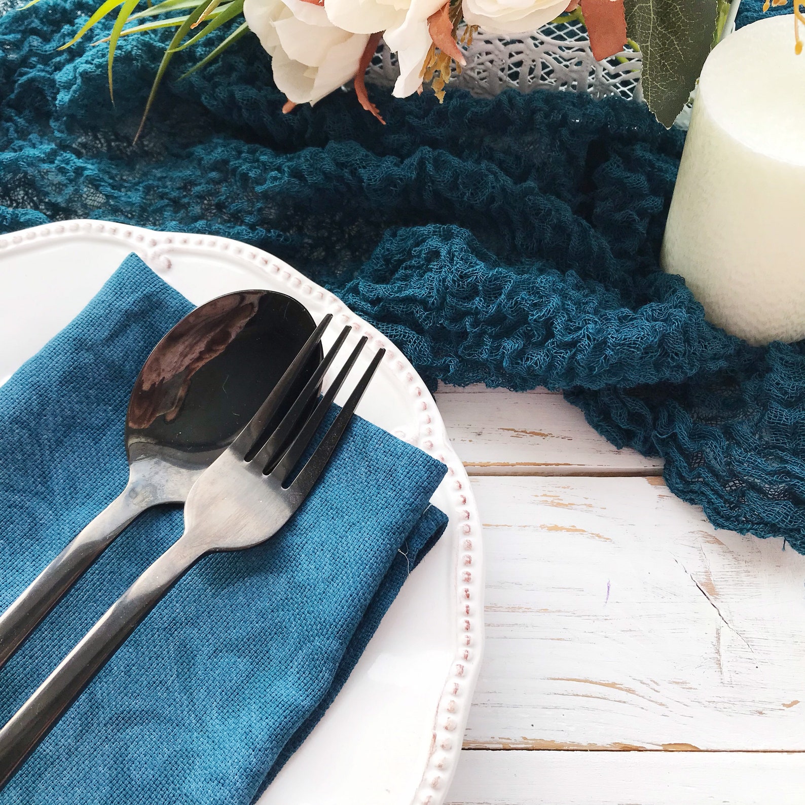 Teal blue gauze table runner Rustic cheesecloth runner Teal Etsy