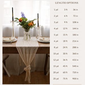 May include: A beige cheesecloth table runner size guide featuring a table setting with a floral centerpiece and black candles. The text includes length options from 1 yd to 25 yd and specifies a width of 24 inches for the 100% cotton hand-dyed fabric.