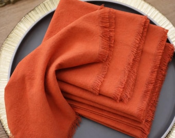 Terracotta Cloth Napkins, Fringe Cotton Dinner Napkins, Burnt Orange Wedding Napkins, Rustic Table Linens, Fall Dinner Party Decor
